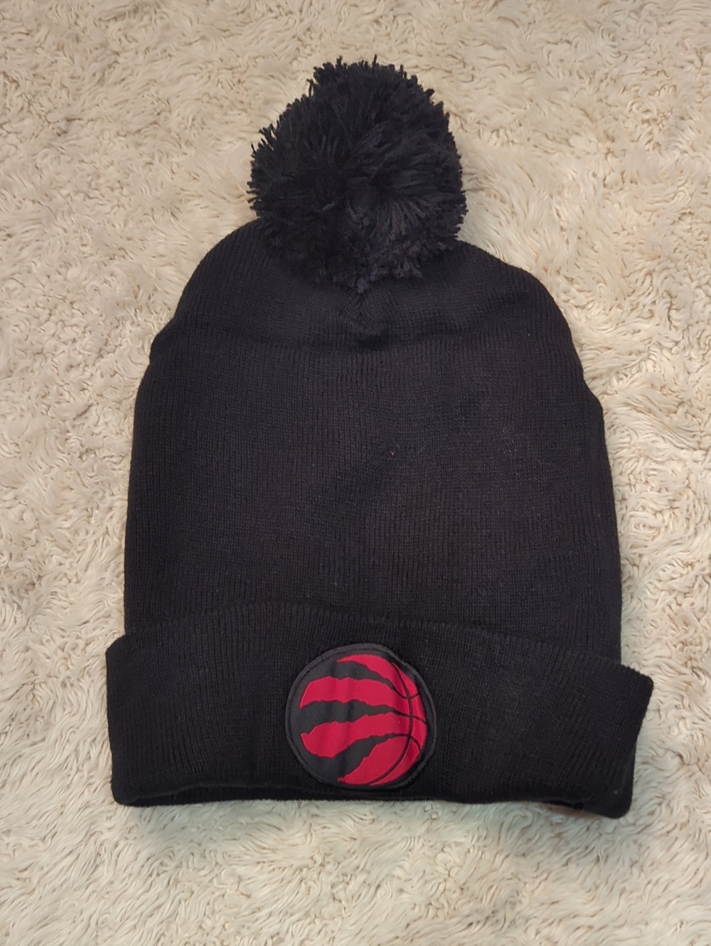 NBA Black Pom Beanie with Red Logo Patch